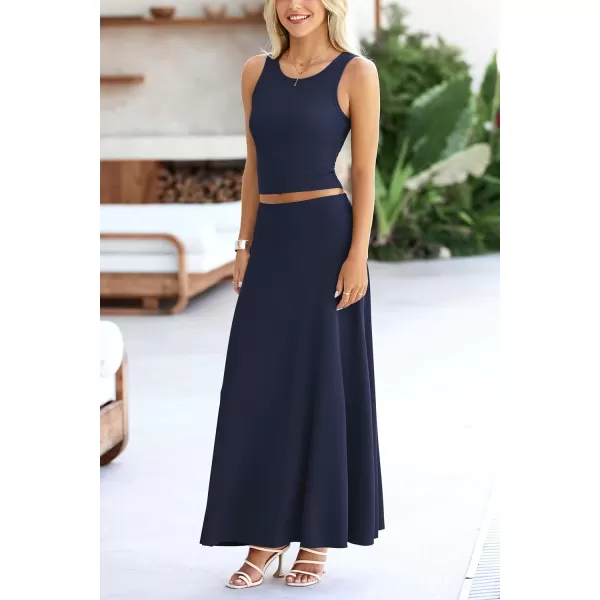 imagePRETTYGARDEN Womens 2 Piece Maxi Skirt Sets Casual Summer Knit Cropped Tank Top High Waisted Long Skirts OutfitNavy