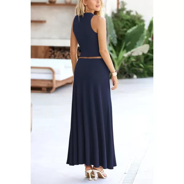 imagePRETTYGARDEN Womens 2 Piece Maxi Skirt Sets Casual Summer Knit Cropped Tank Top High Waisted Long Skirts OutfitNavy
