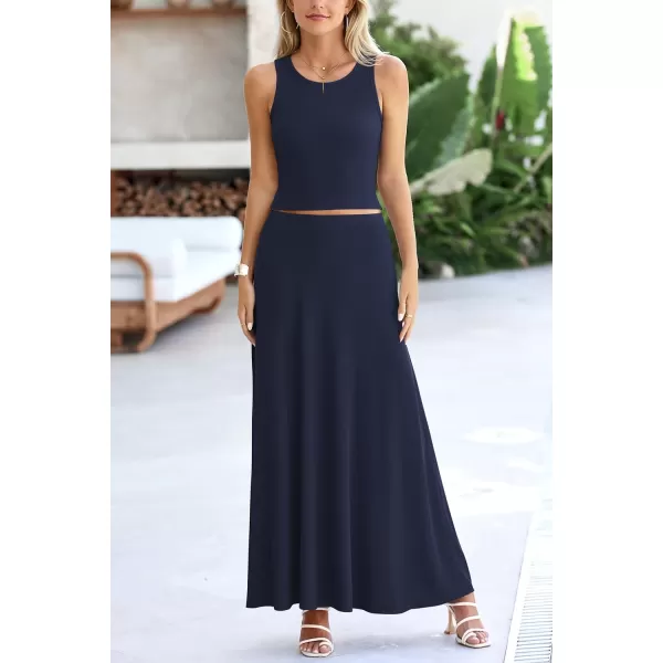 imagePRETTYGARDEN Womens 2 Piece Maxi Skirt Sets Casual Summer Knit Cropped Tank Top High Waisted Long Skirts OutfitNavy