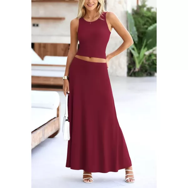 imagePRETTYGARDEN Womens 2 Piece Maxi Skirt Sets Casual Summer Knit Cropped Tank Top High Waisted Long Skirts OutfitWine Red