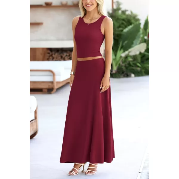 imagePRETTYGARDEN Womens 2 Piece Maxi Skirt Sets Casual Summer Knit Cropped Tank Top High Waisted Long Skirts OutfitWine Red