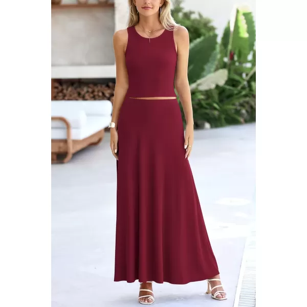 imagePRETTYGARDEN Womens 2 Piece Maxi Skirt Sets Casual Summer Knit Cropped Tank Top High Waisted Long Skirts OutfitWine Red