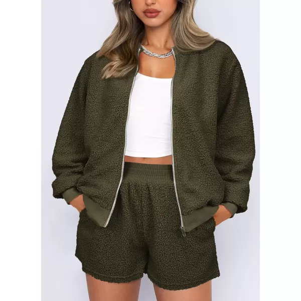 imagePRETTYGARDEN Womens 2 Piece Outfits 2023 Fall Fleece Zip Up Tops Jackets And Shorts Sets Tracksuit LoungewearArmy Green