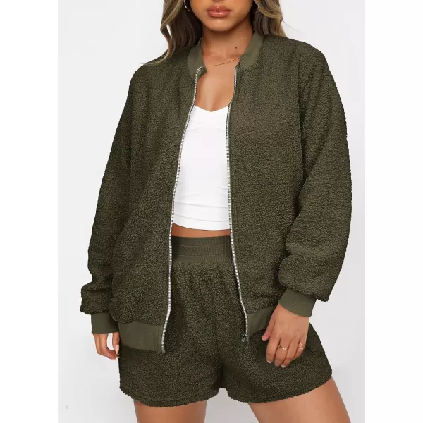 imagePRETTYGARDEN Womens 2 Piece Outfits 2023 Fall Fleece Zip Up Tops Jackets And Shorts Sets Tracksuit LoungewearArmy Green