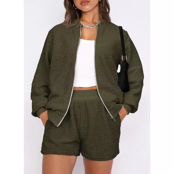 imagePRETTYGARDEN Womens 2 Piece Outfits 2023 Fall Fleece Zip Up Tops Jackets And Shorts Sets Tracksuit LoungewearArmy Green