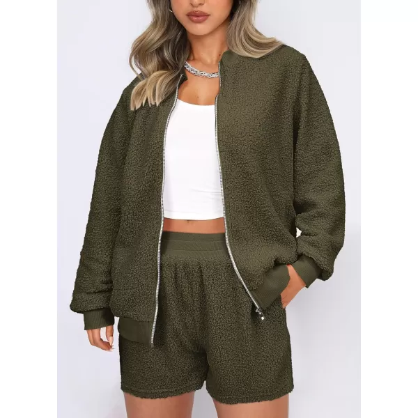 imagePRETTYGARDEN Womens 2 Piece Outfits 2023 Fall Fleece Zip Up Tops Jackets And Shorts Sets Tracksuit LoungewearArmy Green