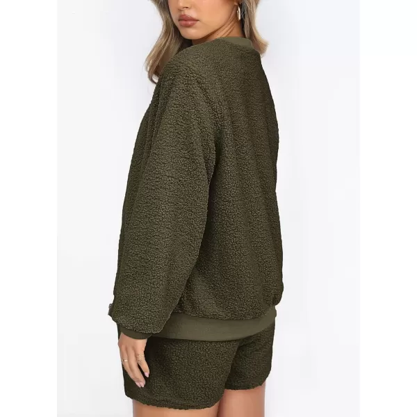 imagePRETTYGARDEN Womens 2 Piece Outfits 2023 Fall Fleece Zip Up Tops Jackets And Shorts Sets Tracksuit LoungewearArmy Green