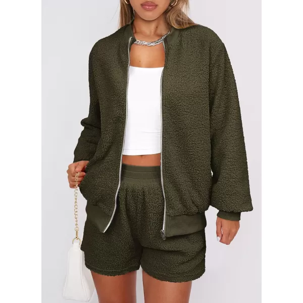 imagePRETTYGARDEN Womens 2 Piece Outfits 2023 Fall Fleece Zip Up Tops Jackets And Shorts Sets Tracksuit LoungewearArmy Green