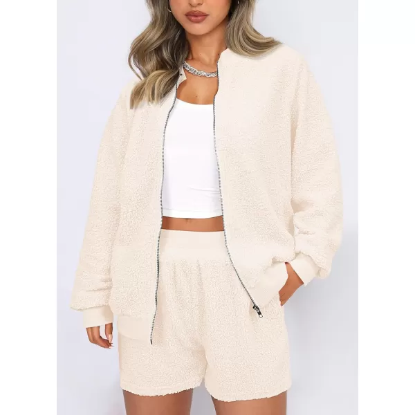 imagePRETTYGARDEN Womens 2 Piece Outfits 2023 Fall Fleece Zip Up Tops Jackets And Shorts Sets Tracksuit LoungewearBeige