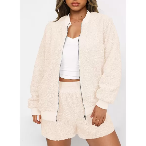 imagePRETTYGARDEN Womens 2 Piece Outfits 2023 Fall Fleece Zip Up Tops Jackets And Shorts Sets Tracksuit LoungewearBeige