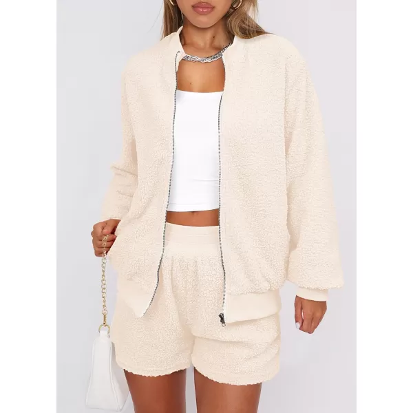 imagePRETTYGARDEN Womens 2 Piece Outfits 2023 Fall Fleece Zip Up Tops Jackets And Shorts Sets Tracksuit LoungewearBeige