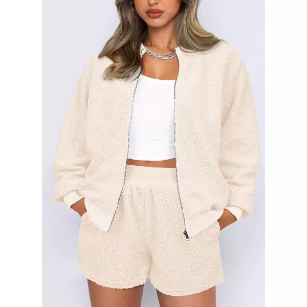 imagePRETTYGARDEN Womens 2 Piece Outfits 2023 Fall Fleece Zip Up Tops Jackets And Shorts Sets Tracksuit LoungewearBeige