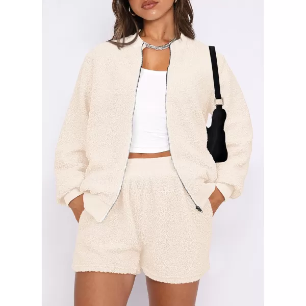 imagePRETTYGARDEN Womens 2 Piece Outfits 2023 Fall Fleece Zip Up Tops Jackets And Shorts Sets Tracksuit LoungewearBeige