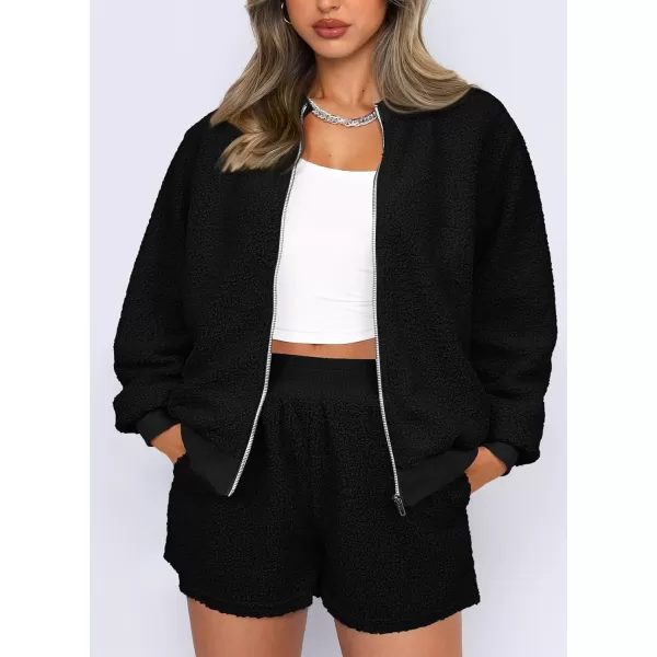 imagePRETTYGARDEN Womens 2 Piece Outfits 2023 Fall Fleece Zip Up Tops Jackets And Shorts Sets Tracksuit LoungewearBlack