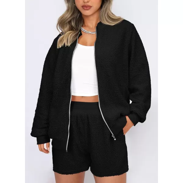 imagePRETTYGARDEN Womens 2 Piece Outfits 2023 Fall Fleece Zip Up Tops Jackets And Shorts Sets Tracksuit LoungewearBlack