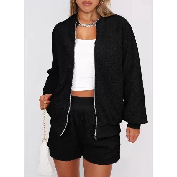 imagePRETTYGARDEN Womens 2 Piece Outfits 2023 Fall Fleece Zip Up Tops Jackets And Shorts Sets Tracksuit LoungewearBlack