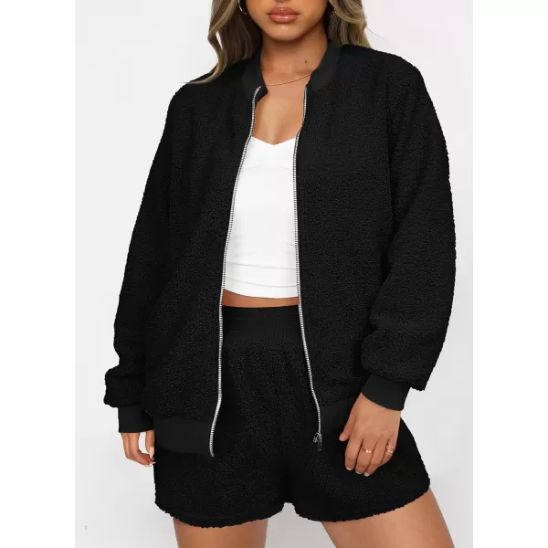 imagePRETTYGARDEN Womens 2 Piece Outfits 2023 Fall Fleece Zip Up Tops Jackets And Shorts Sets Tracksuit LoungewearBlack