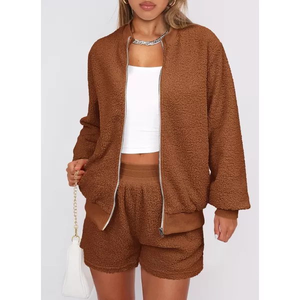imagePRETTYGARDEN Womens 2 Piece Outfits 2023 Fall Fleece Zip Up Tops Jackets And Shorts Sets Tracksuit LoungewearBrown