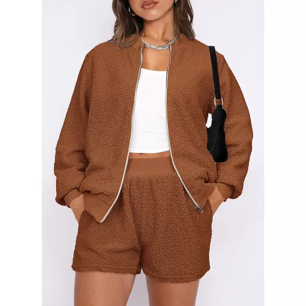 imagePRETTYGARDEN Womens 2 Piece Outfits 2023 Fall Fleece Zip Up Tops Jackets And Shorts Sets Tracksuit LoungewearBrown