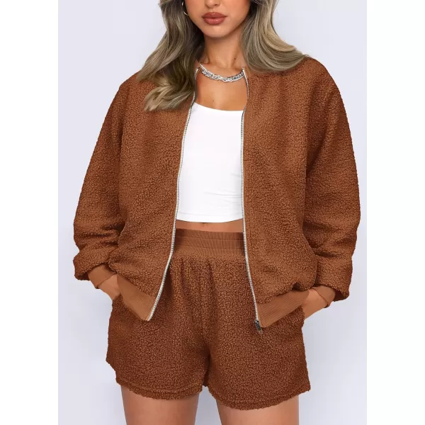 imagePRETTYGARDEN Womens 2 Piece Outfits 2023 Fall Fleece Zip Up Tops Jackets And Shorts Sets Tracksuit LoungewearBrown