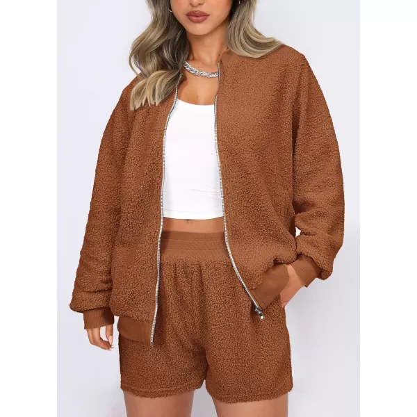 imagePRETTYGARDEN Womens 2 Piece Outfits 2023 Fall Fleece Zip Up Tops Jackets And Shorts Sets Tracksuit LoungewearBrown