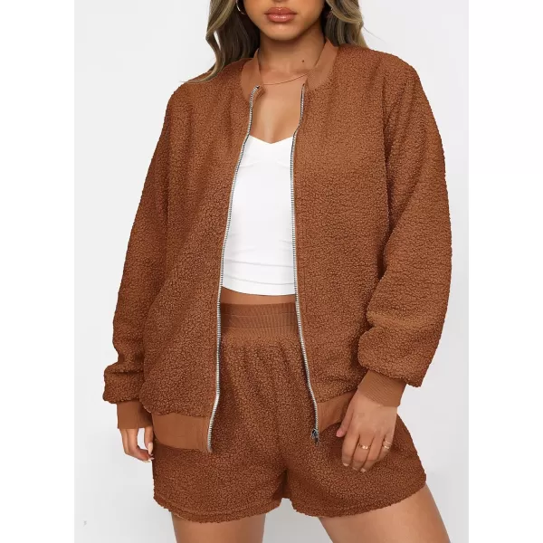 imagePRETTYGARDEN Womens 2 Piece Outfits 2023 Fall Fleece Zip Up Tops Jackets And Shorts Sets Tracksuit LoungewearBrown