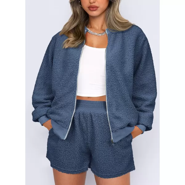 imagePRETTYGARDEN Womens 2 Piece Outfits 2023 Fall Fleece Zip Up Tops Jackets And Shorts Sets Tracksuit LoungewearGrey Blue