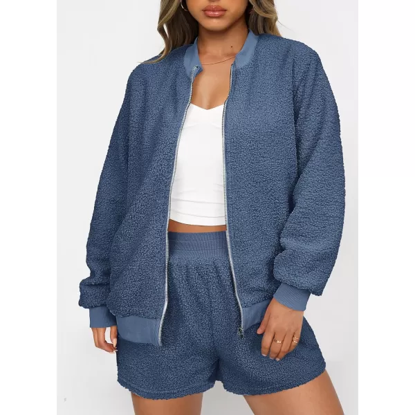 imagePRETTYGARDEN Womens 2 Piece Outfits 2023 Fall Fleece Zip Up Tops Jackets And Shorts Sets Tracksuit LoungewearGrey Blue