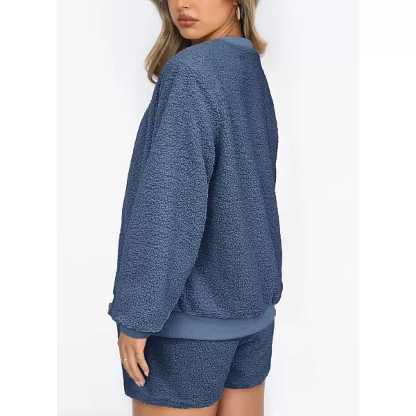 imagePRETTYGARDEN Womens 2 Piece Outfits 2023 Fall Fleece Zip Up Tops Jackets And Shorts Sets Tracksuit LoungewearGrey Blue