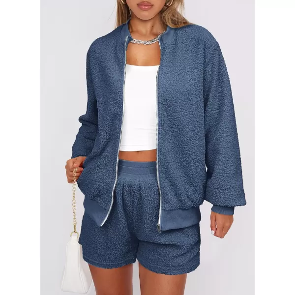 imagePRETTYGARDEN Womens 2 Piece Outfits 2023 Fall Fleece Zip Up Tops Jackets And Shorts Sets Tracksuit LoungewearGrey Blue