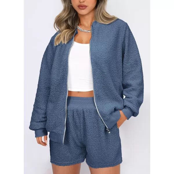 imagePRETTYGARDEN Womens 2 Piece Outfits 2023 Fall Fleece Zip Up Tops Jackets And Shorts Sets Tracksuit LoungewearGrey Blue
