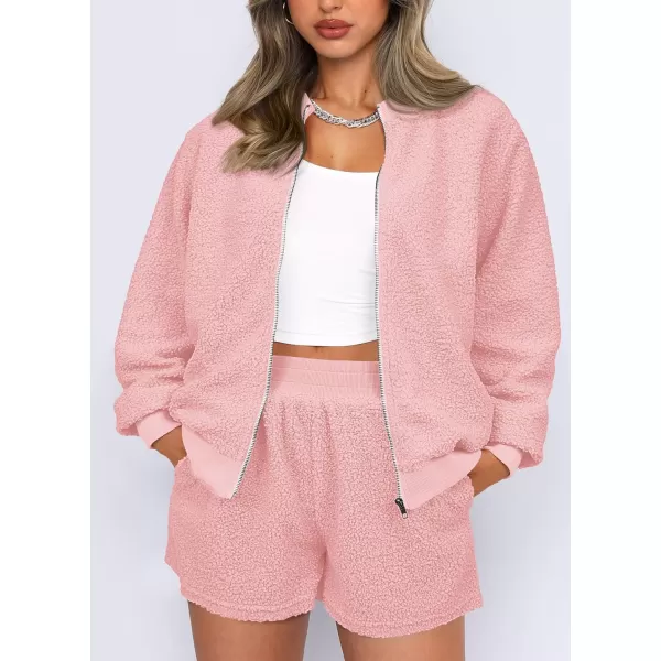 imagePRETTYGARDEN Womens 2 Piece Outfits 2023 Fall Fleece Zip Up Tops Jackets And Shorts Sets Tracksuit LoungewearPink