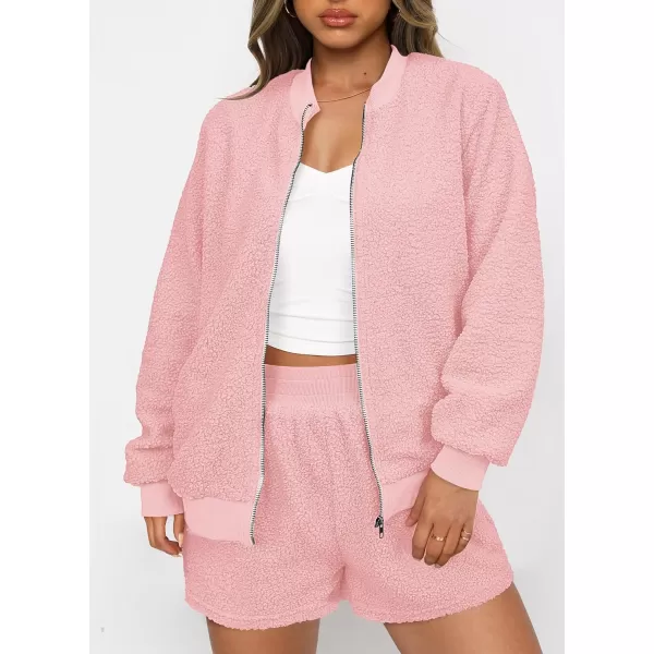 imagePRETTYGARDEN Womens 2 Piece Outfits 2023 Fall Fleece Zip Up Tops Jackets And Shorts Sets Tracksuit LoungewearPink