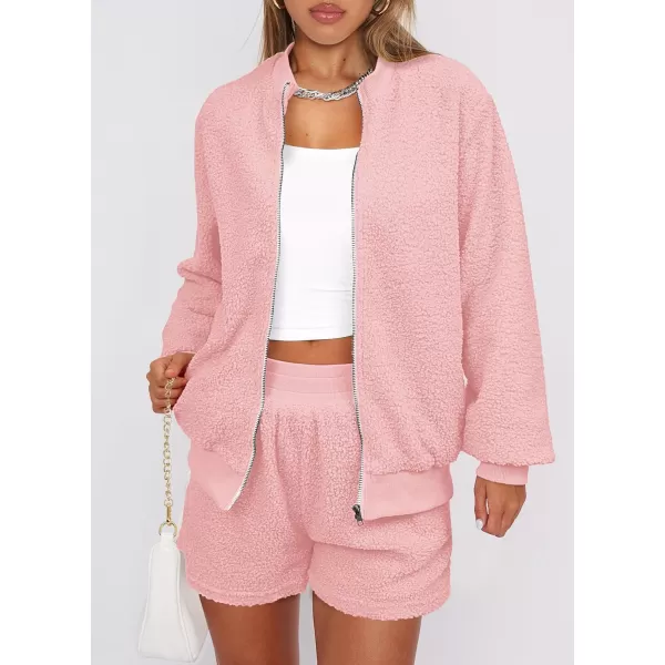 imagePRETTYGARDEN Womens 2 Piece Outfits 2023 Fall Fleece Zip Up Tops Jackets And Shorts Sets Tracksuit LoungewearPink