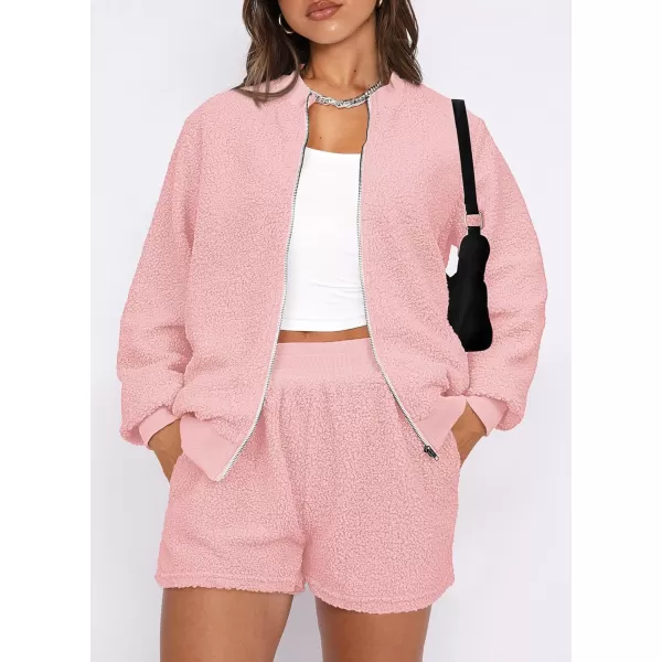 imagePRETTYGARDEN Womens 2 Piece Outfits 2023 Fall Fleece Zip Up Tops Jackets And Shorts Sets Tracksuit LoungewearPink