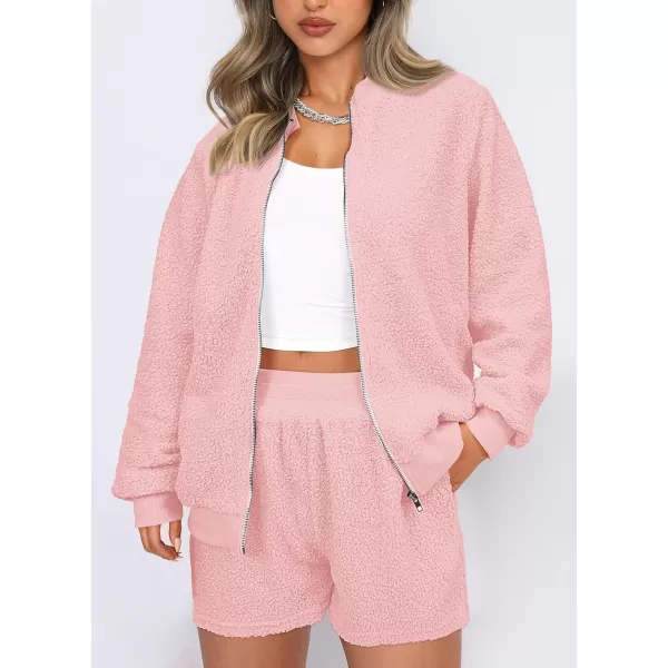 imagePRETTYGARDEN Womens 2 Piece Outfits 2023 Fall Fleece Zip Up Tops Jackets And Shorts Sets Tracksuit LoungewearPink