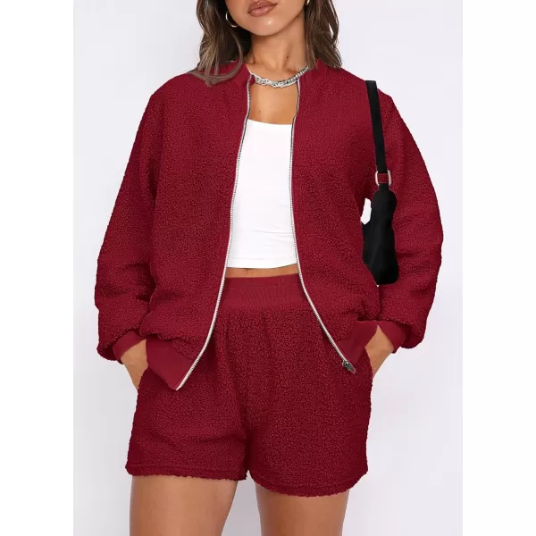imagePRETTYGARDEN Womens 2 Piece Outfits 2023 Fall Fleece Zip Up Tops Jackets And Shorts Sets Tracksuit LoungewearWine Red