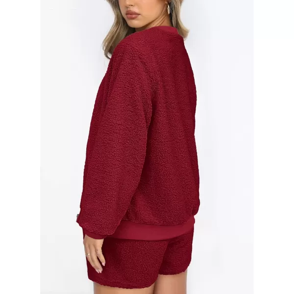 imagePRETTYGARDEN Womens 2 Piece Outfits 2023 Fall Fleece Zip Up Tops Jackets And Shorts Sets Tracksuit LoungewearWine Red