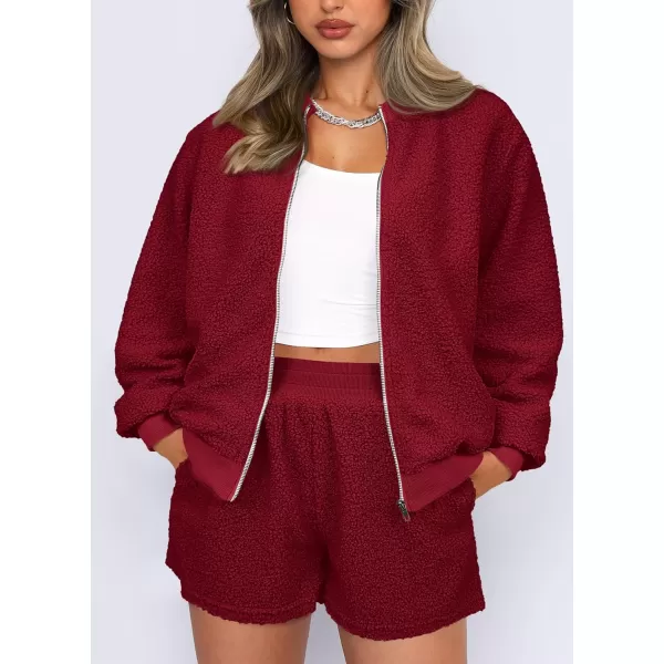 imagePRETTYGARDEN Womens 2 Piece Outfits 2023 Fall Fleece Zip Up Tops Jackets And Shorts Sets Tracksuit LoungewearWine Red