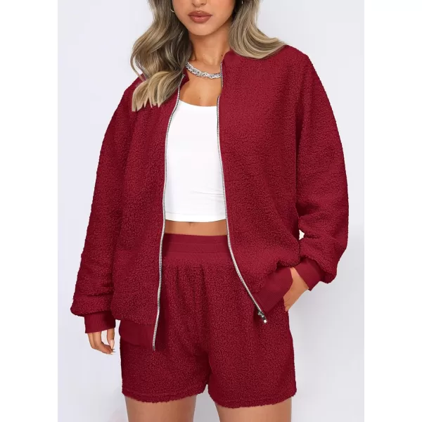imagePRETTYGARDEN Womens 2 Piece Outfits 2023 Fall Fleece Zip Up Tops Jackets And Shorts Sets Tracksuit LoungewearWine Red