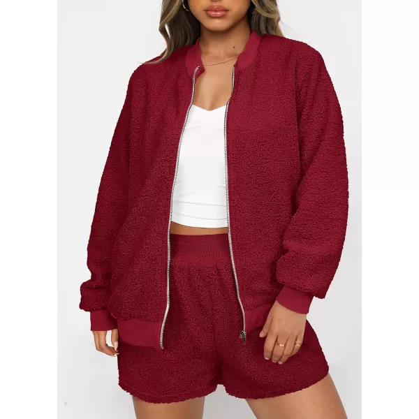 imagePRETTYGARDEN Womens 2 Piece Outfits 2023 Fall Fleece Zip Up Tops Jackets And Shorts Sets Tracksuit LoungewearWine Red