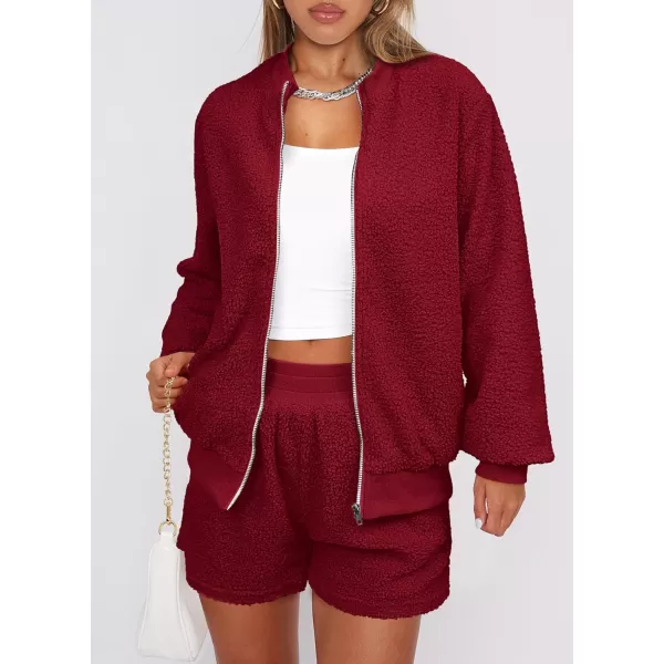 imagePRETTYGARDEN Womens 2 Piece Outfits 2023 Fall Fleece Zip Up Tops Jackets And Shorts Sets Tracksuit LoungewearWine Red