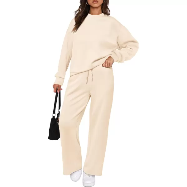 imagePRETTYGARDEN Womens 2 Piece Outfits 2023 Fall Long Sleeve Pullover Tops And Long Pants Lounge Sets TracksuitBeige