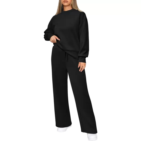 imagePRETTYGARDEN Womens 2 Piece Outfits 2023 Fall Long Sleeve Pullover Tops And Long Pants Lounge Sets TracksuitBlack