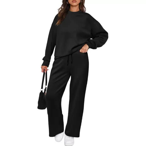 imagePRETTYGARDEN Womens 2 Piece Outfits 2023 Fall Long Sleeve Pullover Tops And Long Pants Lounge Sets TracksuitBlack
