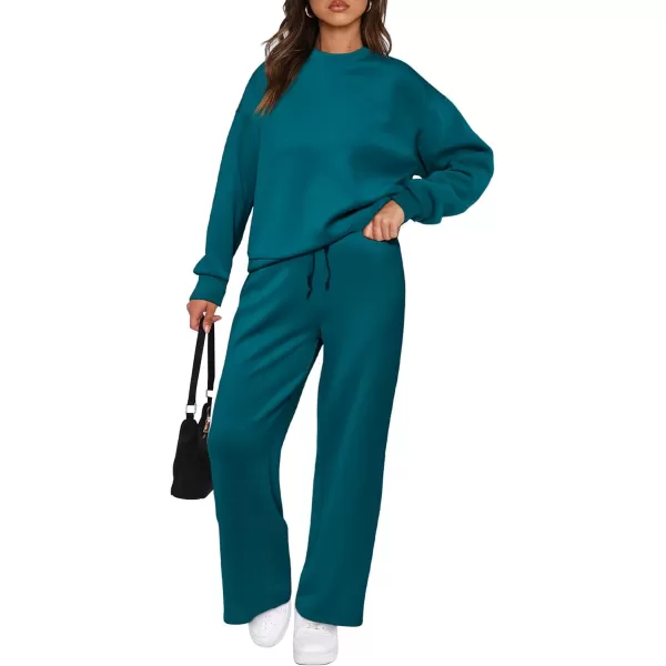 imagePRETTYGARDEN Womens 2 Piece Outfits 2023 Fall Long Sleeve Pullover Tops And Long Pants Lounge Sets TracksuitBlue Green