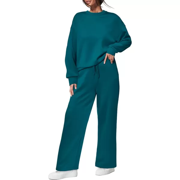 imagePRETTYGARDEN Womens 2 Piece Outfits 2023 Fall Long Sleeve Pullover Tops And Long Pants Lounge Sets TracksuitBlue Green