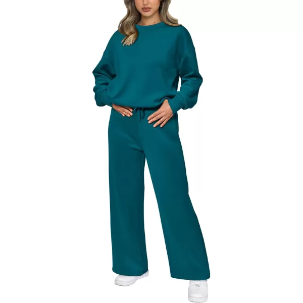 imagePRETTYGARDEN Womens 2 Piece Outfits 2023 Fall Long Sleeve Pullover Tops And Long Pants Lounge Sets TracksuitBlue Green