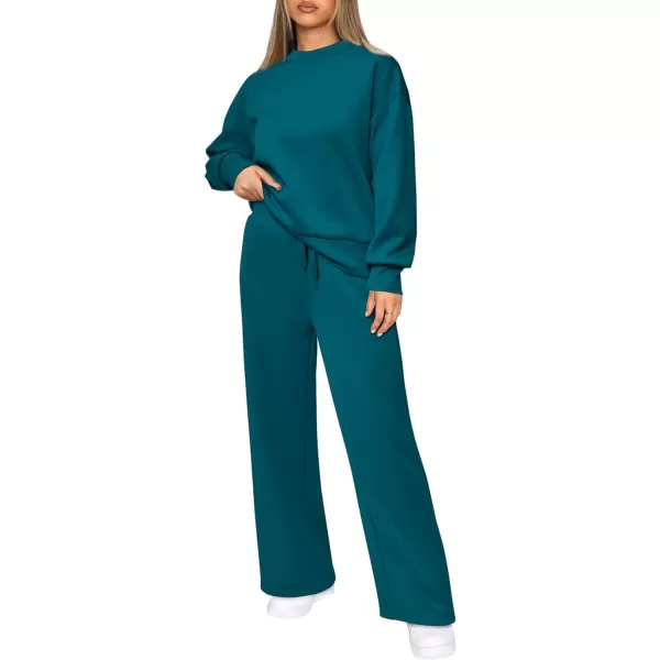 imagePRETTYGARDEN Womens 2 Piece Outfits 2023 Fall Long Sleeve Pullover Tops And Long Pants Lounge Sets TracksuitBlue Green