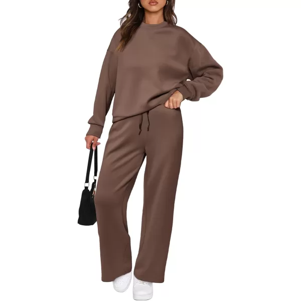 imagePRETTYGARDEN Womens 2 Piece Outfits 2023 Fall Long Sleeve Pullover Tops And Long Pants Lounge Sets TracksuitBrown